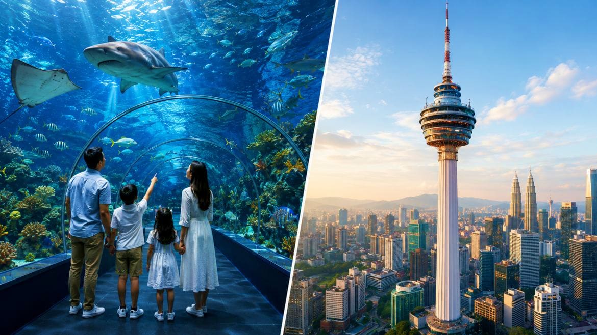 Family viewing sharks and stingrays in underwater tunnel at aquarium and Kuala Lumpur Tower with city skyline